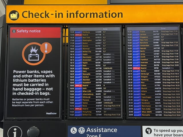 A departure board at Terminal 5 Heathrow after flights were cancelled