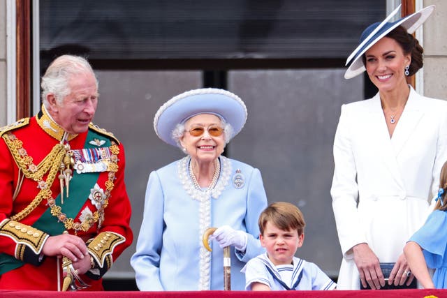 The then-Prince of Wales, Queen Elizabeth II, Prince Louis and the then-Duchess of Cambridge on the Palace balcony in 2022