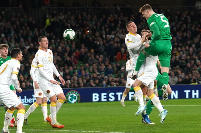 Republic of Ireland defender Jake O’Brien (right) heads towards goal during a Nations League match against Bulgaria