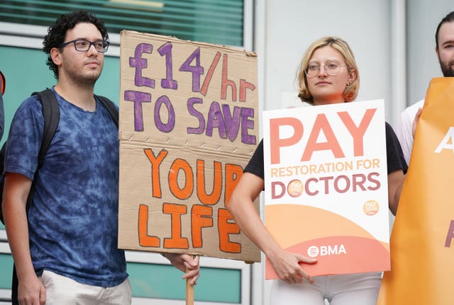 Junior doctor members of the British Medical Association on the picket line outside University College London Hospital