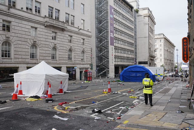 The scene in Water Street near the Liver Building in Liverpool