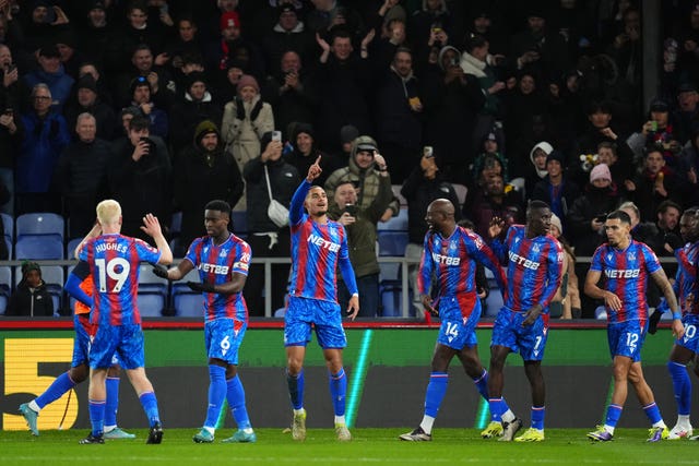 Crystal Palace’s Maxence Lacroix (centre) celebrates scoring their side’s second goal of the game during the Premier League match at Selhurst Park, London.