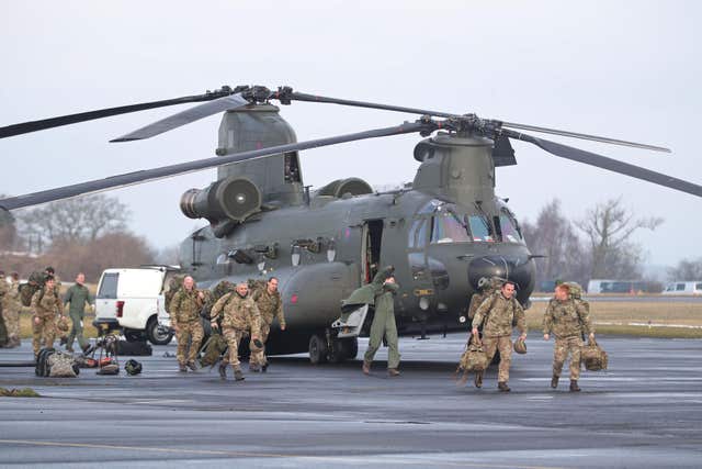 An RAF Chinook helicopter arrives at Carlisle airport (Owen Humphreys/PA)