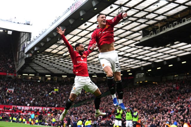 Benjamin Sesko (right) celebrates with Matheus Cunha after scoring Manchester United's third goal