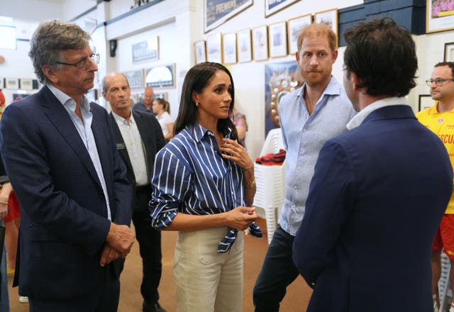 The Duke and Duchess of Sussex meet Greg Shand, President of the Sydney Jewish museum (left) and Elon Zizer, Bondi beach terror attack survivor (right), as they meet volunteer first responders from Bondi Surf Bathers’ Life Saving Club, during a visit to Bondi Beach in April 2026