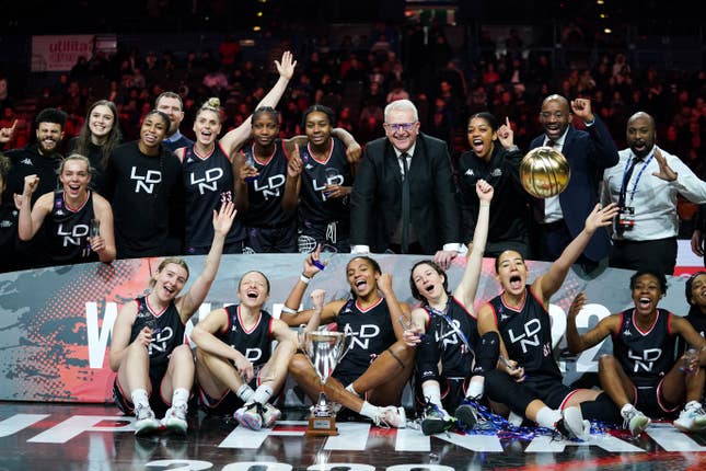 The London Lions celebrate winning the WBBL Cup final