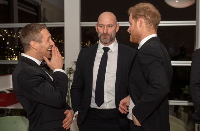 Jonny Wilkinson, Lawrence Dallaglio and the Duke of Sussex share a joke