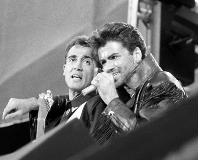 Black and white image of George Michael and Andrew Ridgeley