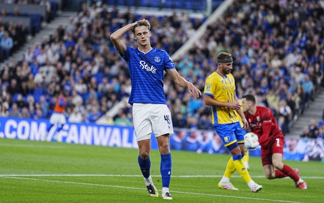 Harrison Armstrong puts his hand on his head after a missed chance against Mansfield
