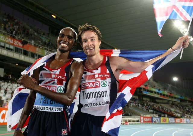 Farah celebrated with teammate Thompson who finished second