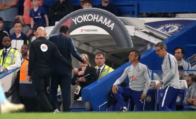 Chelsea manager Maurizio Sarri is sent from the touchline at Stamford Bridge 