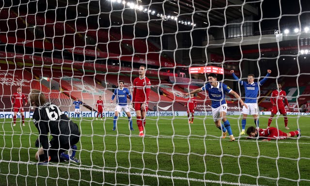 Brighton’s Steven Alzate celebrates his winner at Anfield