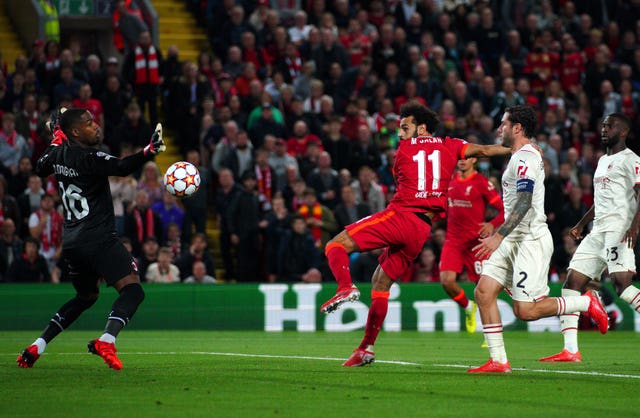 Mohamed Salah (centre) scores Liverpool''s second goal