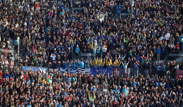 Fans perform the thunder clap during the fourballs match on day two of the Ryder Cup