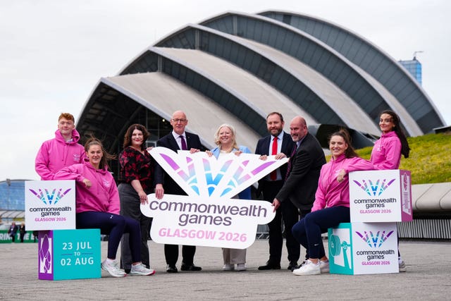 John Swinney and Ian Murray join Glasgow 2026 officials outside the SEC Armadillo after the hosting of the event was confirmed
