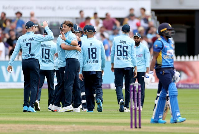 Tom Curran (centre) took four wickets for England before their final one-day international against Sri Lanka in Bristol was abandoned due to rain (Bradley Collyer/PA).