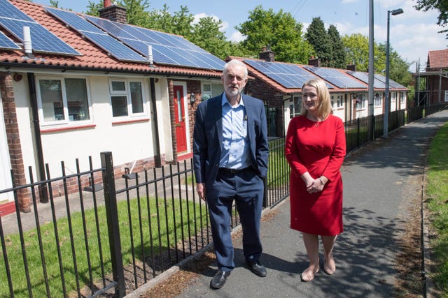 Labour leader Jeremy Corbyn and shadow business secretary Rebecca Long Bailey during a visit to Salford