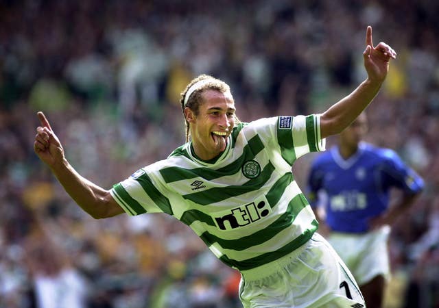 Henrik Larsson celebrates after scoring the fifth goal for Celtic against Rangers