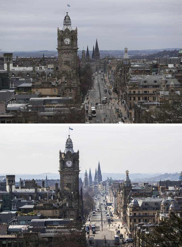 Composite of photos of Princes Street, Edinburgh, taken today (top) and the same view on 24/03/20 (bottom), the day after Prime Minister Boris Johnson put the UK in lockdown 