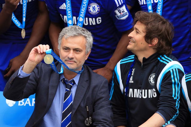 Jose Mourinho, left, and assistant Rui Faria celebrate winning the Premier League