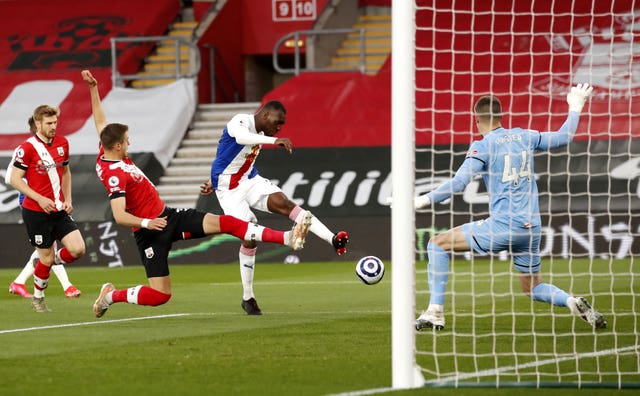 Christian Benteke, centre, scores Crystal Palace’s early opener