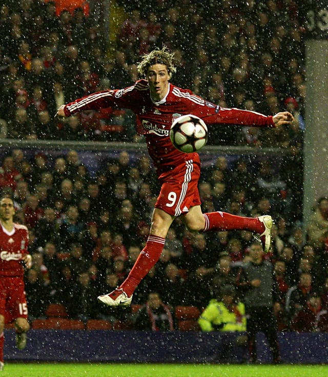 Torres is airborne during a 2-1 home Champions League defeat by Fiorentina in December 2009 