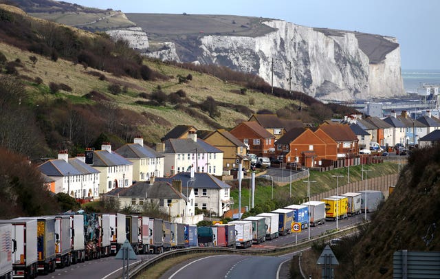Lorries queue on the A20 outside Dover