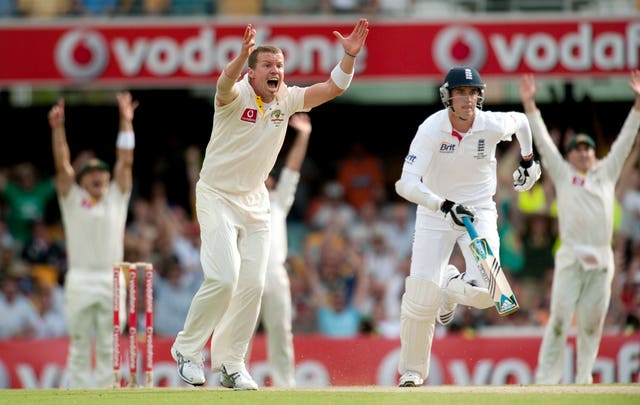 Australia’s Peter Siddle successfully appeals for the wicket of England’s Stuart Broad to claim a test hat-trick
