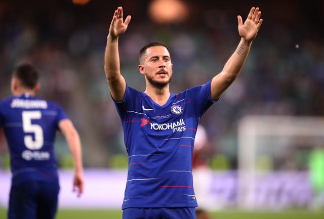 Eden Hazard waves to the crowd in Baku after scoring his second goal 