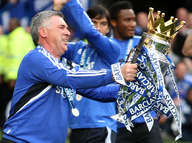 Carlo Ancelotti with the Premier League trophy