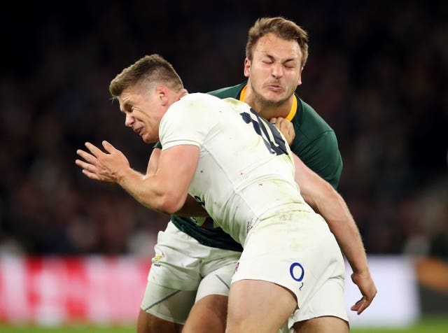 Owen Farrell's controversial tackle against South Africa (pictured) was similar to his challenge on Australia on Saturday