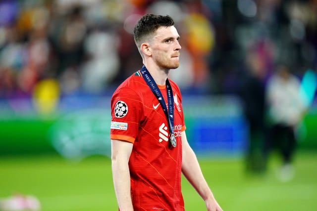 Andy Robertson looks dejected after collecting his Champions League runners-up medal