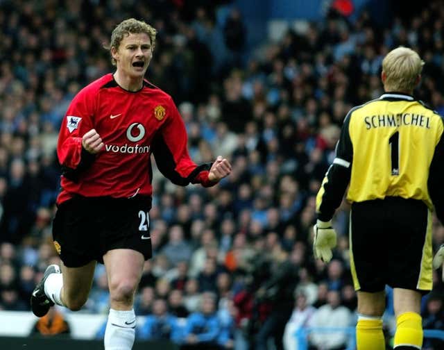 Ole Gunnar Solskjaer scores against Manchester City in 2002, in a game United lost 3-1 at Maine Road