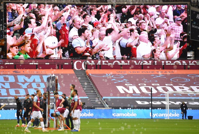 Fans are displayed on the as West Ham's London Stadium