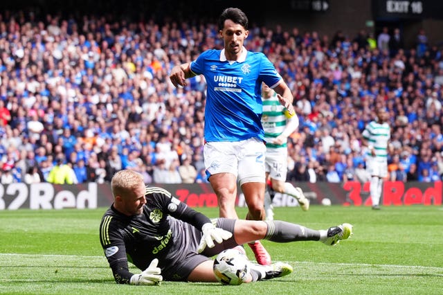 Kasper Schmeichel claims the ball from Rangers’ Bojan Miovski
