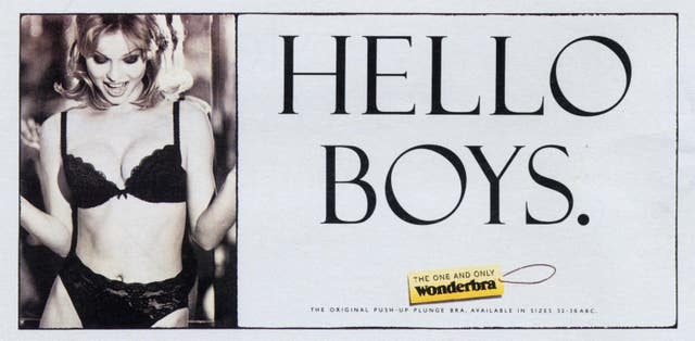Undated handout image issued by TBWA of the ‘Hello Boys’ billboard advertising campaign, Eva Herzigova’s traffic-stopping Wonderbra billboards have been declared the most eye-catching adverts of the past five decades in a poll by the Outdoor Media Centre.