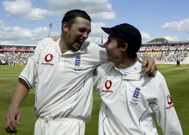 Steve Harmison, left, and Geraint Jones celebrate at Edgbaston