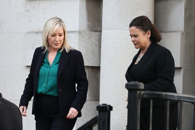 First Minister of Northern Ireland Michelle O’Neill (left) and Sinn Fein President Mary Lou McDonald arrive at the Court of Appeal