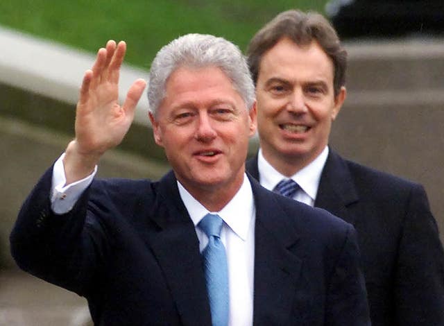 Bill Clinton with then-UK prime minister Tony Blair on the steps of the Parliament Buildings, Stormont, in Belfast (Chris Bacon/PA)