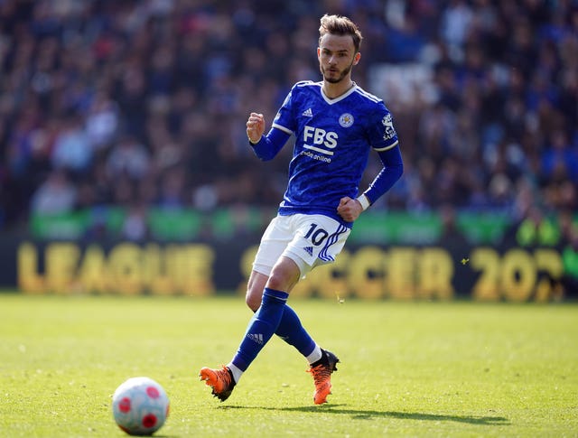 Leicester City’s James Maddison during the Premier League match at the King Power Stadium, Leicester. Picture date: Saturday April 23, 2022