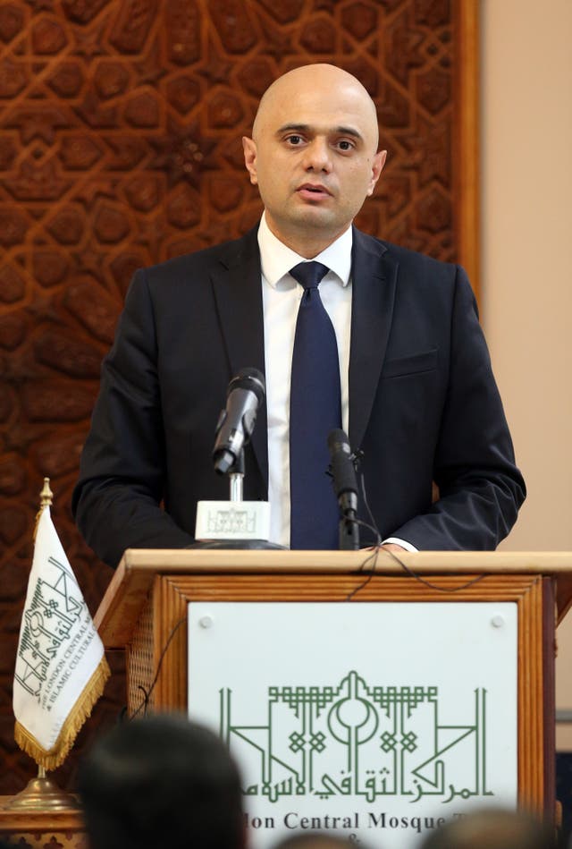 Home Secretary Sajid Javid speaks at an Acting in Solidarity event held at a mosque in north London