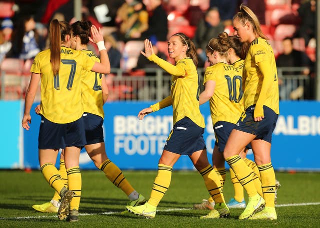 Arsenal's Jordan Nobbs celebrates scoring her sides third goal as they defeat Brighton 4-0