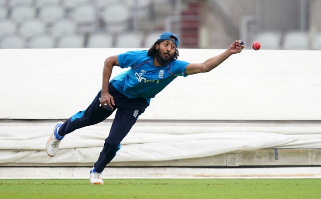 Haseeb Hameed diving for a catch during England's training session