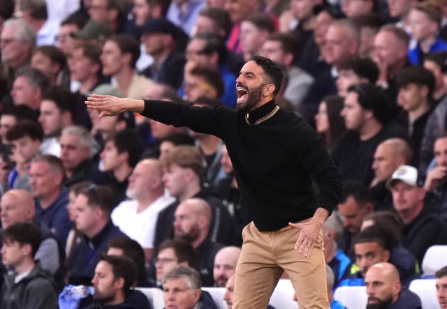 Manchester United manager Ruben Amorim gestures on the touchline