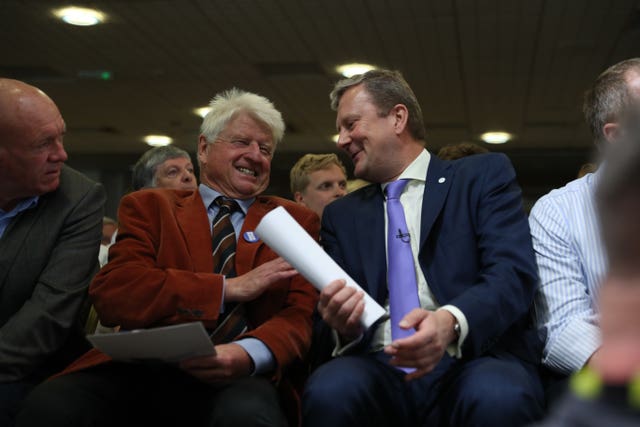 Conservative Party leadership contender Boris Johnson’s father Stanley Johnson, left, watching his son speak in Exeter during a Tory leadership hustings