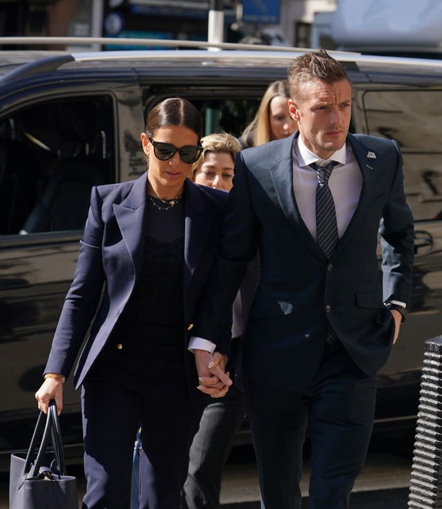 Rebekah and Jamie Vardy arrive at court earlier in the hearing