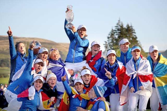 Europe captain Catriona Matthew, top, leads the celebrations after her side regained the Solheim Cup in dramatic circumstances at Gleneagles. Norwegian Suzann Pettersen justified her controversial wild card selection by Matthew with the winning putt in a 14.5 points to 13.5 victory