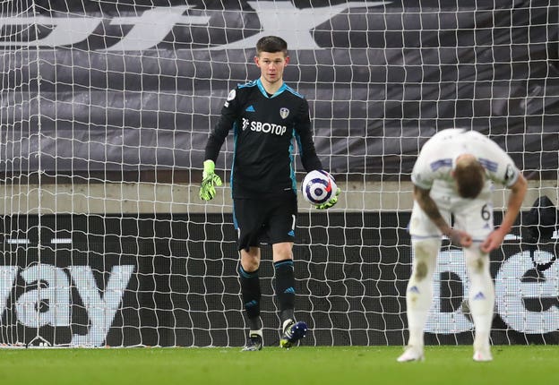 Illan Meslier picks the ball out of the net