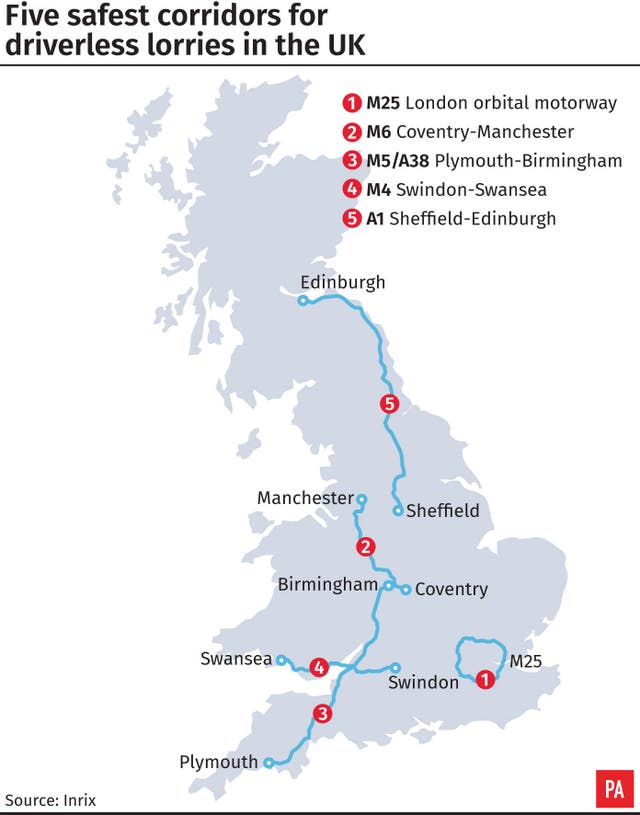 Five safest corridors for driverless lorries in the UK.