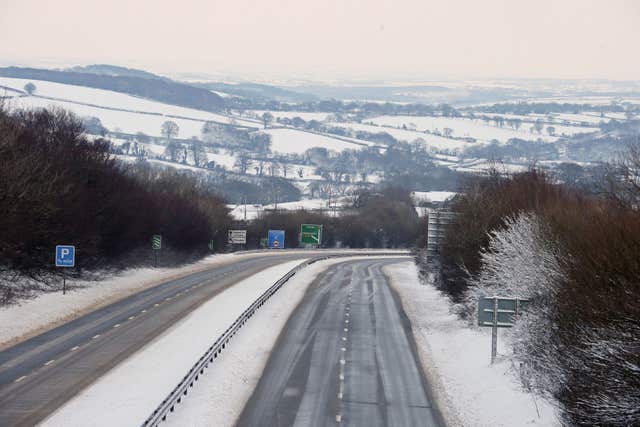 The A30 near Okehampton in Devon, which was hit by 'significant snow' overnight (Martin Keene/PA)